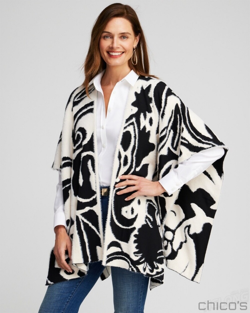 Chico's Reversible Jacquard Ruana Ponchos & Ruanas Black | 895-JODGBX