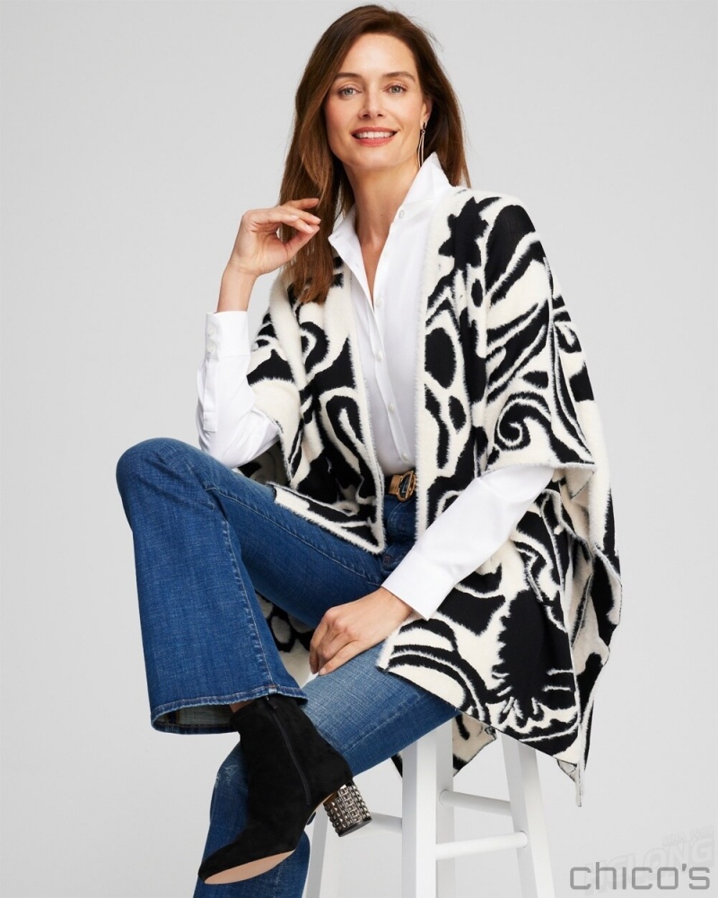 Chico's Reversible Jacquard Ruana Ponchos & Ruanas Black | 895-JODGBX