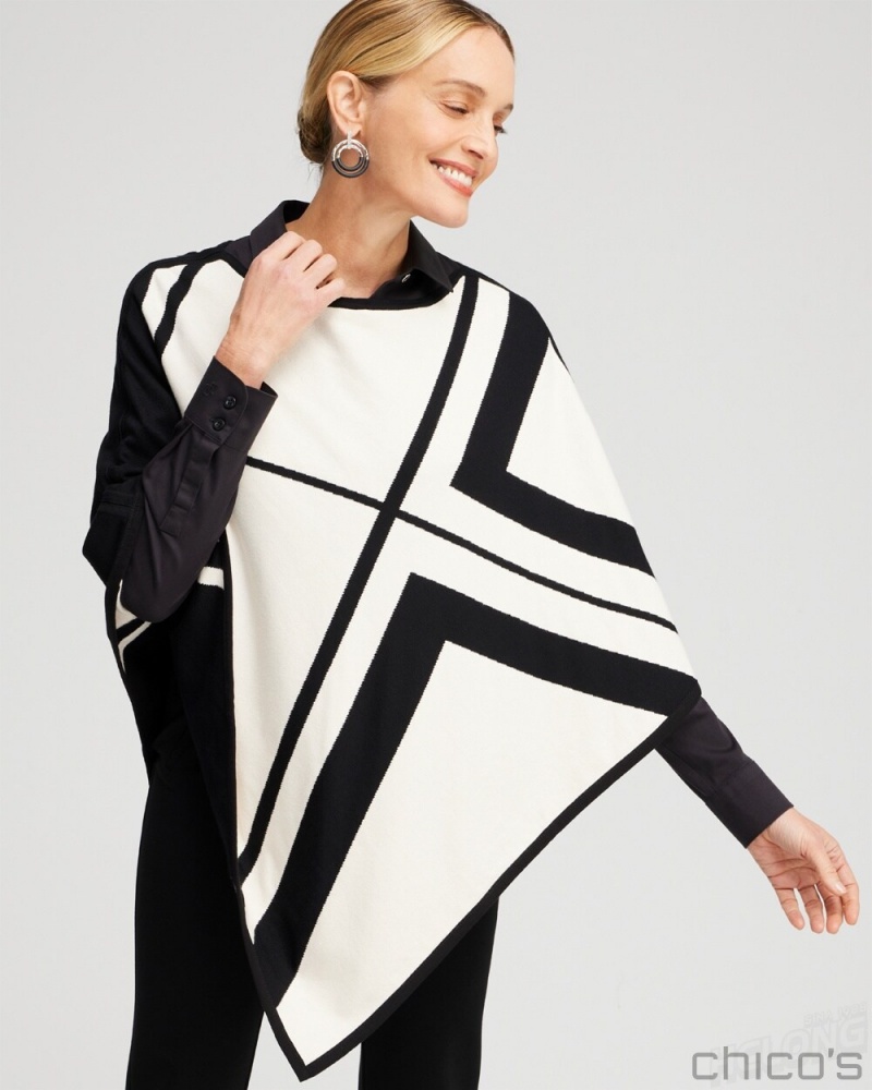 Chico's Reversible Triangle Sweater Poncho Ponchos & Ruanas English Cream | 102-VHKCOQ