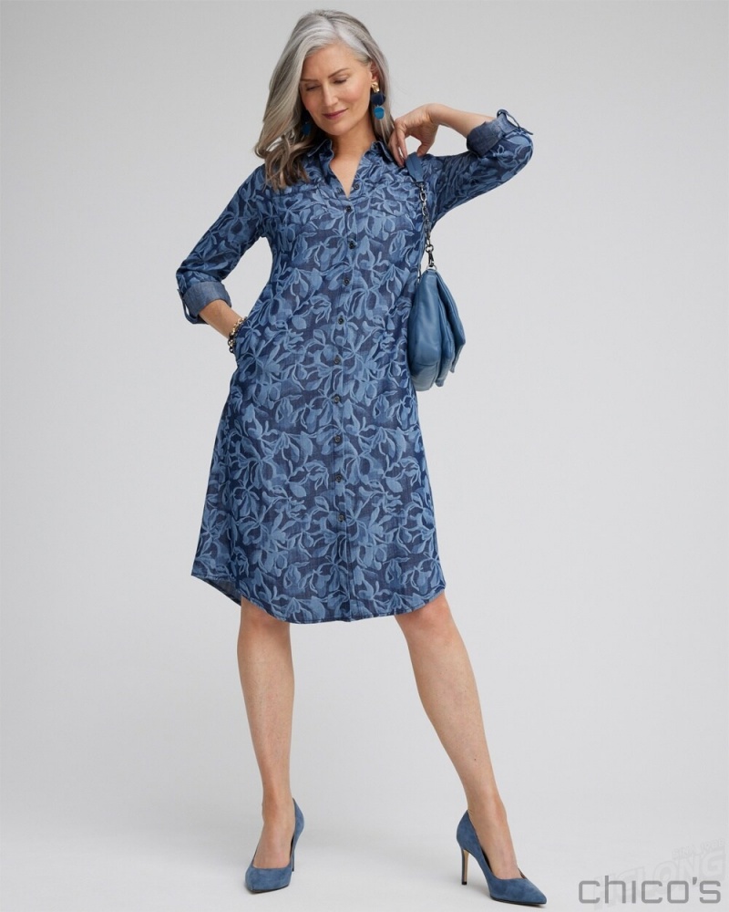 Chico's Roll Tab Shirt Dress Dresses Blue Echo | 286-QNZTJR