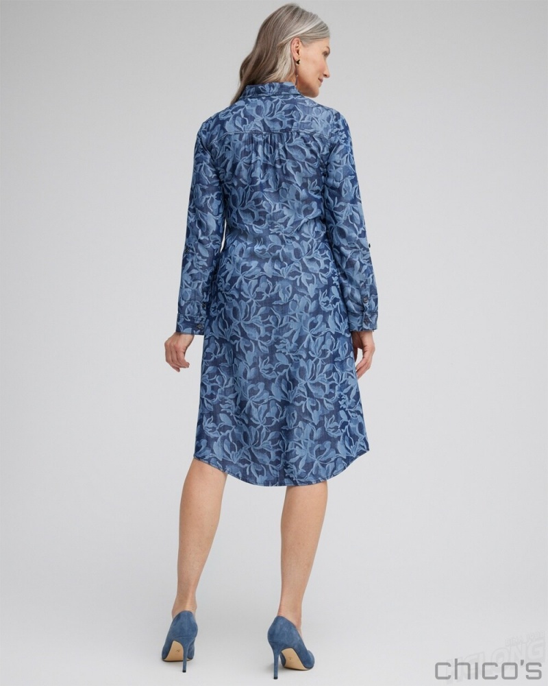 Chico's Roll Tab Shirt Dress Dresses Blue Echo | 286-QNZTJR