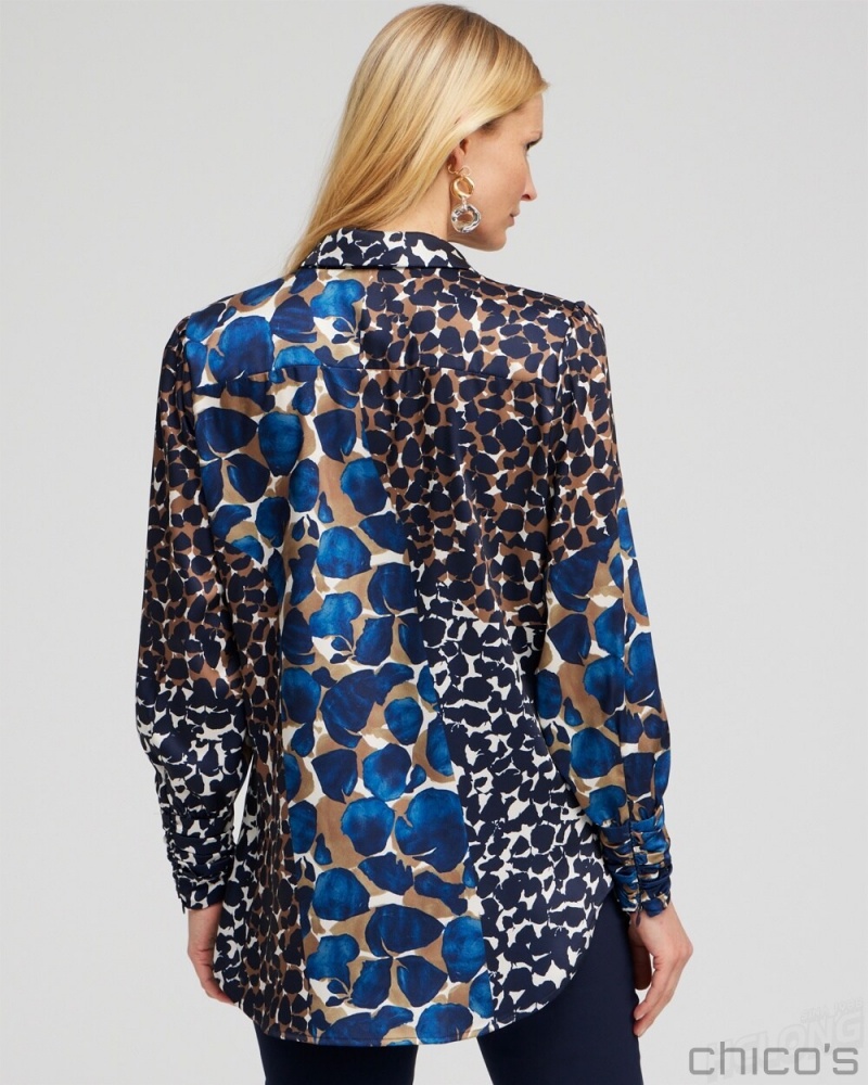 Chico's Ruched Cuff Mosaic Print Tunic Tops Royal Blue | 269-KNTVRU