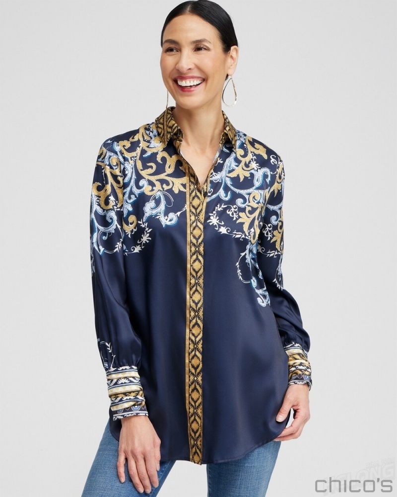 Chico's Ruched Cuff Placed Print Tunic Tops Azores Blue | 182-UEOWXQ