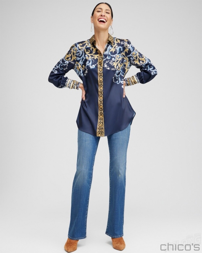 Chico's Ruched Cuff Placed Print Tunic Tops Azores Blue | 182-UEOWXQ