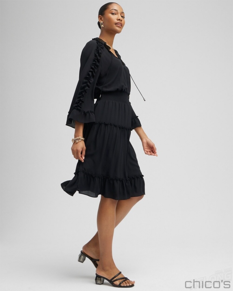 Chico's Ruffle Bell Sleeve Dress Dresses Black | 053-NPRIGE