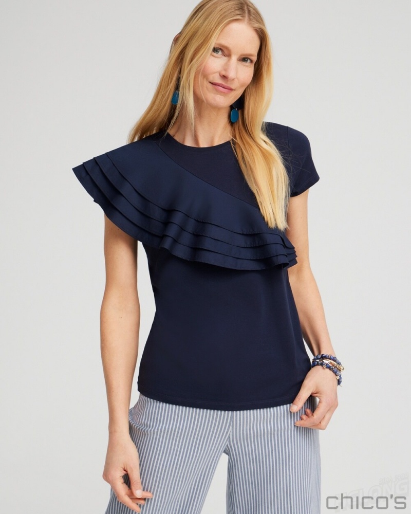 Chico's Ruffle Cap Sleeve Tee Tees & Tanks Classic Navy | 890-UERCFN