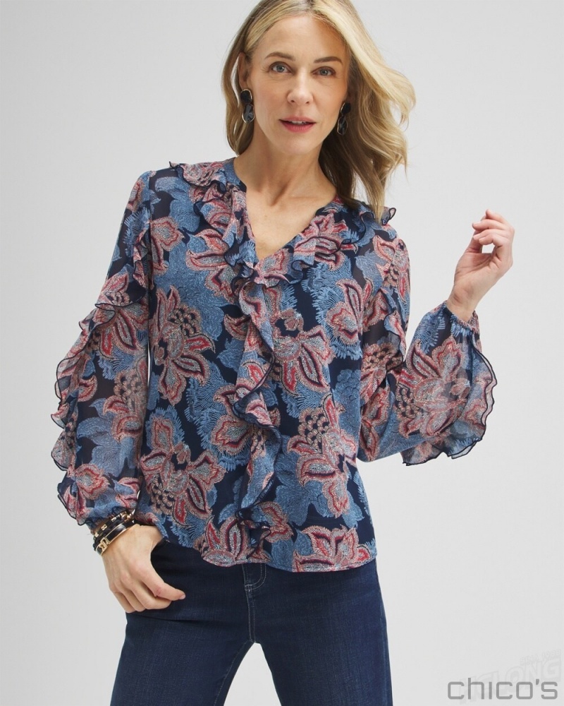 Chico's Ruffle Detail Floral Blouse Blouses & Shirts Ginger Rose | 859-XHZJCI