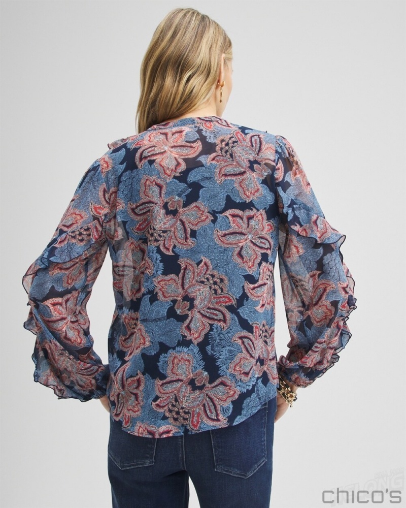 Chico's Ruffle Detail Floral Blouse Blouses & Shirts Ginger Rose | 859-XHZJCI