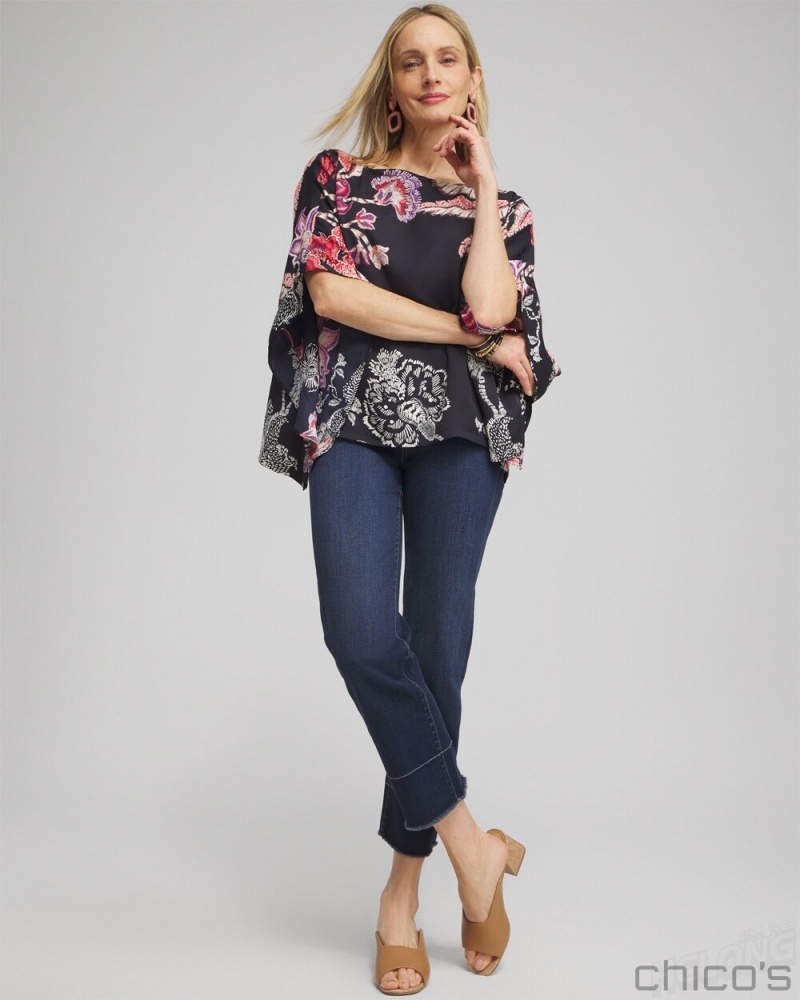 Chico's Ruffle Detail Floral Poncho Ponchos & Ruanas Classic Navy | 059-NDPXML