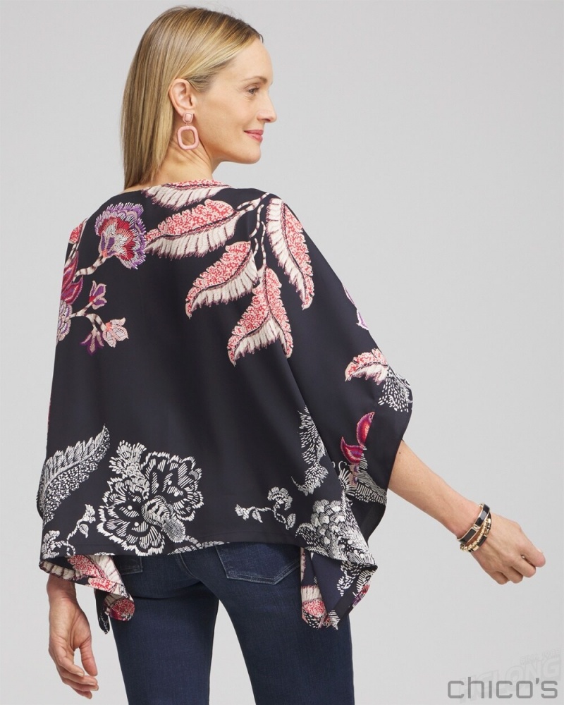 Chico's Ruffle Detail Floral Poncho Ponchos & Ruanas Classic Navy | 059-NDPXML