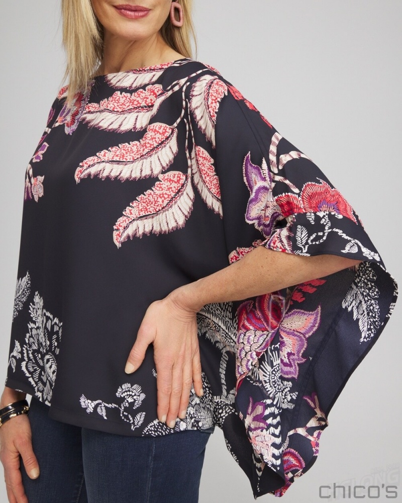 Chico's Ruffle Detail Floral Poncho Ponchos & Ruanas Classic Navy | 059-NDPXML