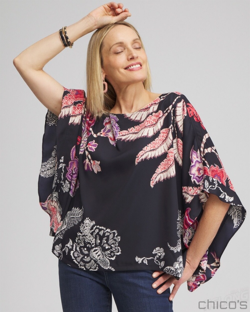 Chico\'s Ruffle Detail Floral Poncho Ponchos & Ruanas Classic Navy | 059-NDPXML