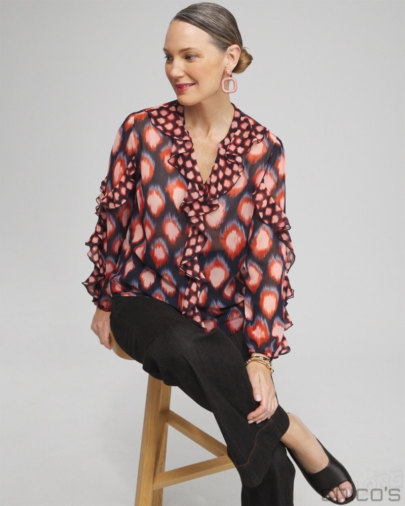 Chico's Ruffle Detail Ikat Blouse Blouses & Shirts Classic Navy | 985-ZBDJQC