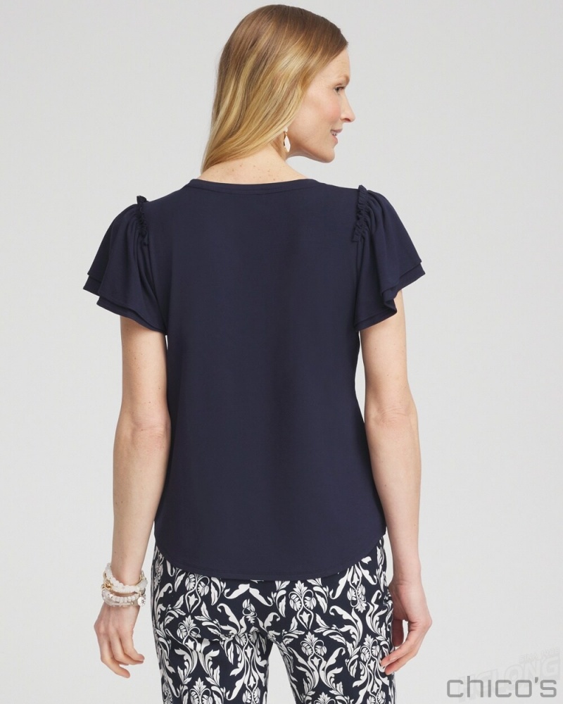 Chico's Ruffle Sleeve Tee Tees & Tanks Classic Navy | 746-EAIGFB