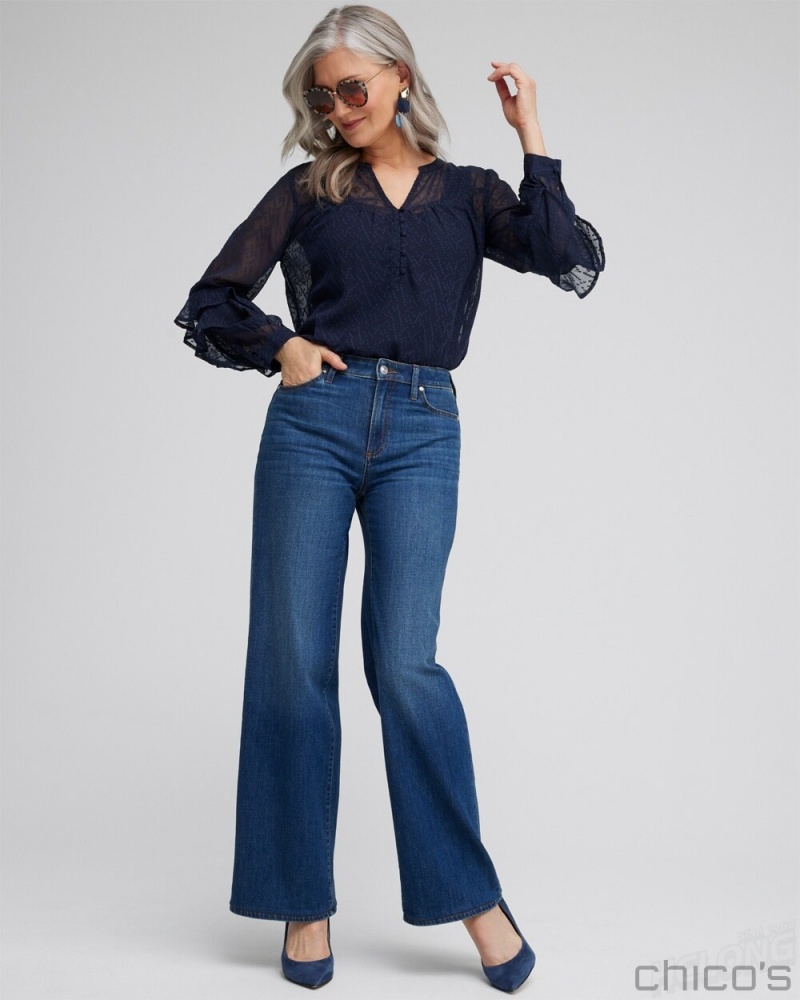 Chico's Ruffle Sleeve Top Blouses & Shirts Classic Navy | 352-LADVUR