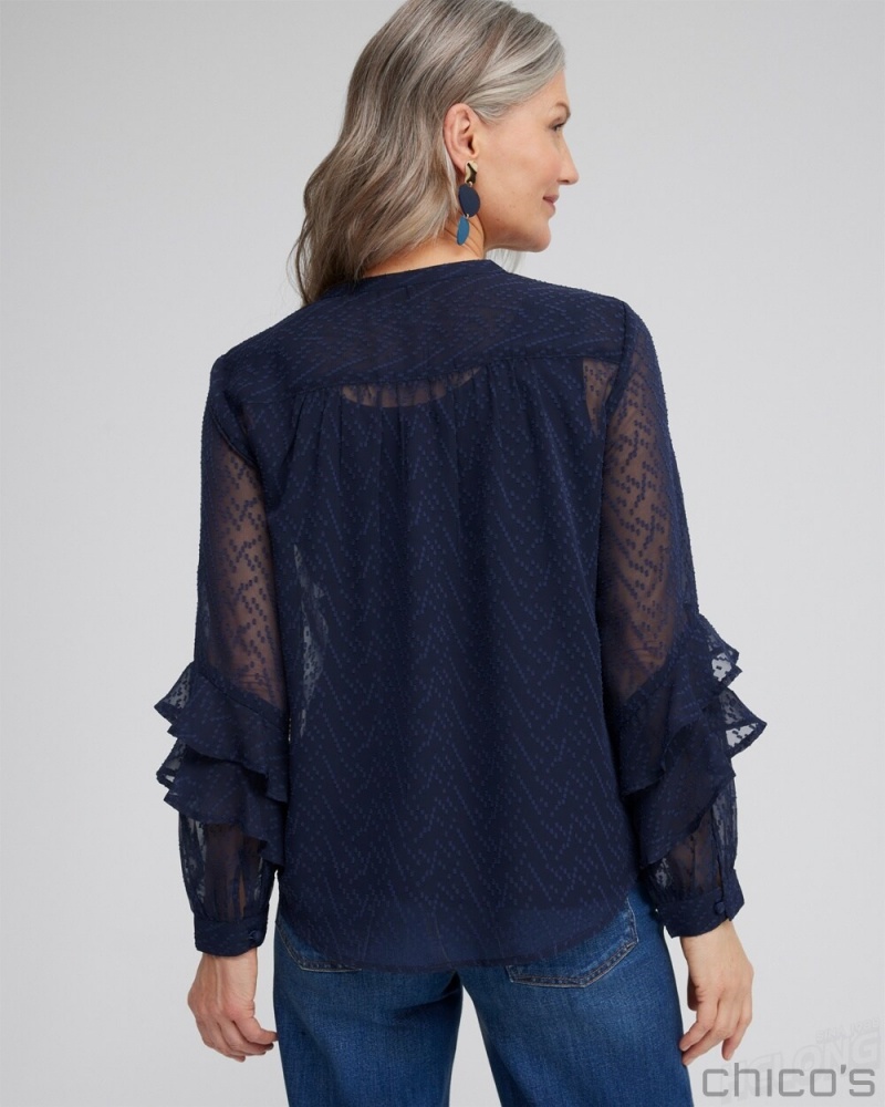 Chico's Ruffle Sleeve Top Blouses & Shirts Classic Navy | 352-LADVUR