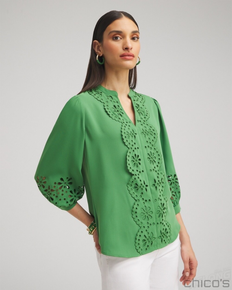 Chico's Satin Eyelet Top Blouses & Shirts Verdant Green | 142-XSLMJW