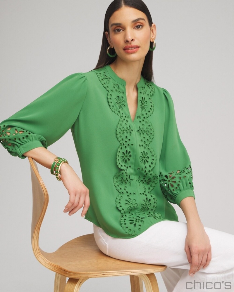 Chico's Satin Eyelet Top Blouses & Shirts Verdant Green | 142-XSLMJW