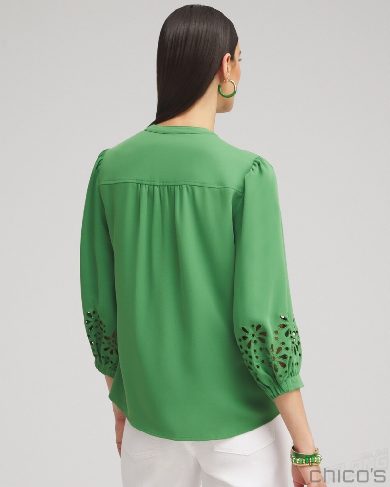 Chico's Satin Eyelet Top Blouses & Shirts Verdant Green | 142-XSLMJW