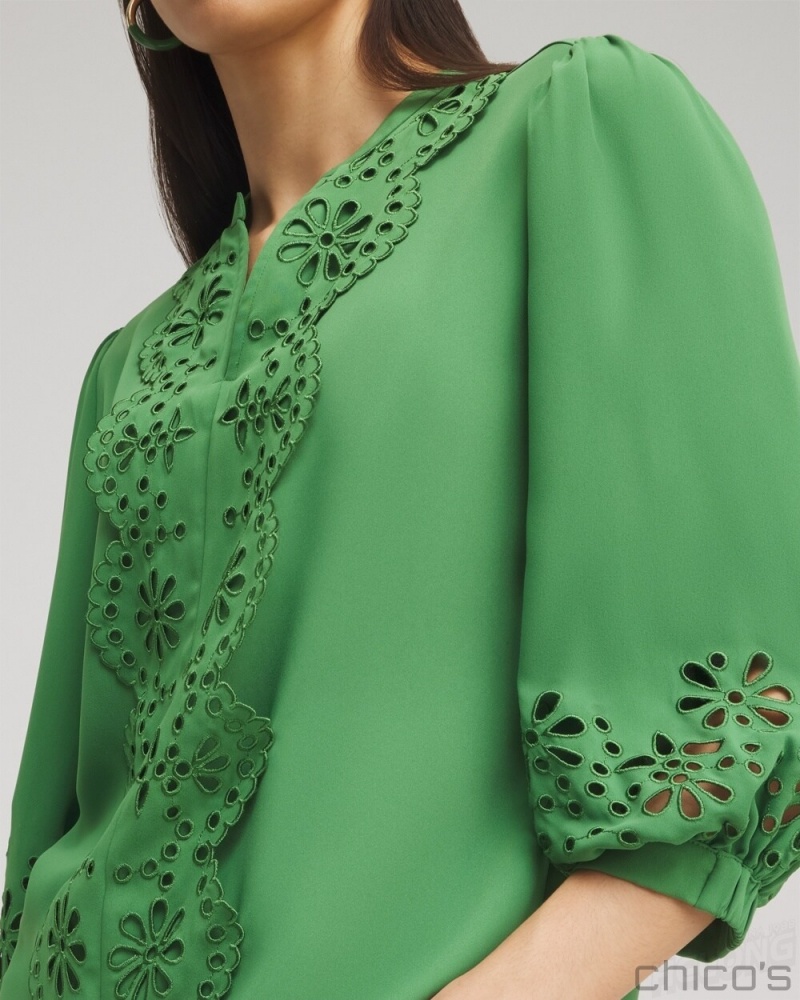 Chico's Satin Eyelet Top Blouses & Shirts Verdant Green | 142-XSLMJW