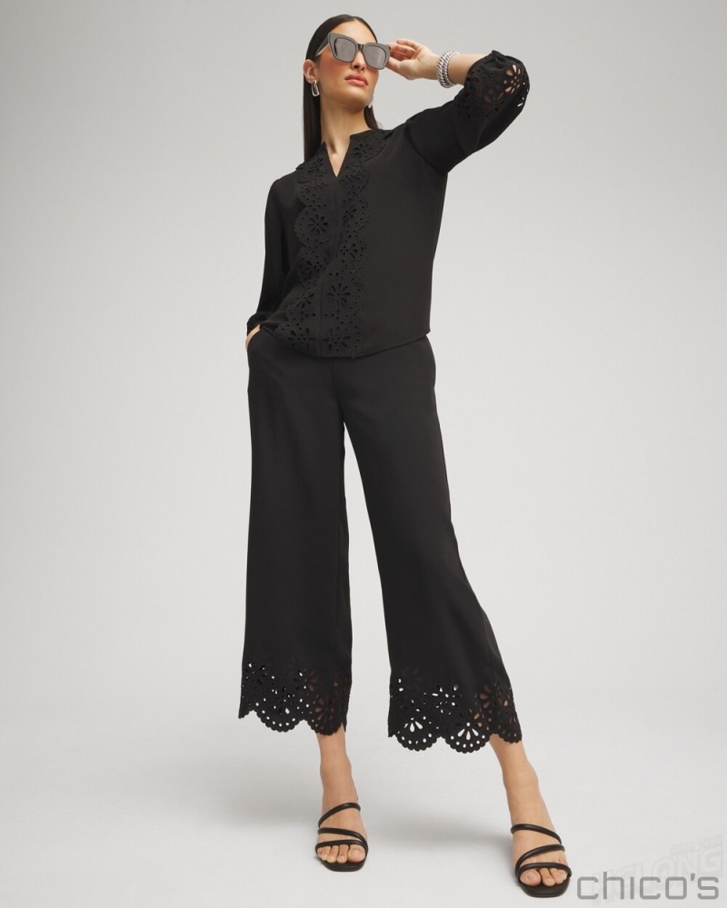 Chico's Satin Eyelet Top Blouses & Shirts Black | 420-VNLTSI