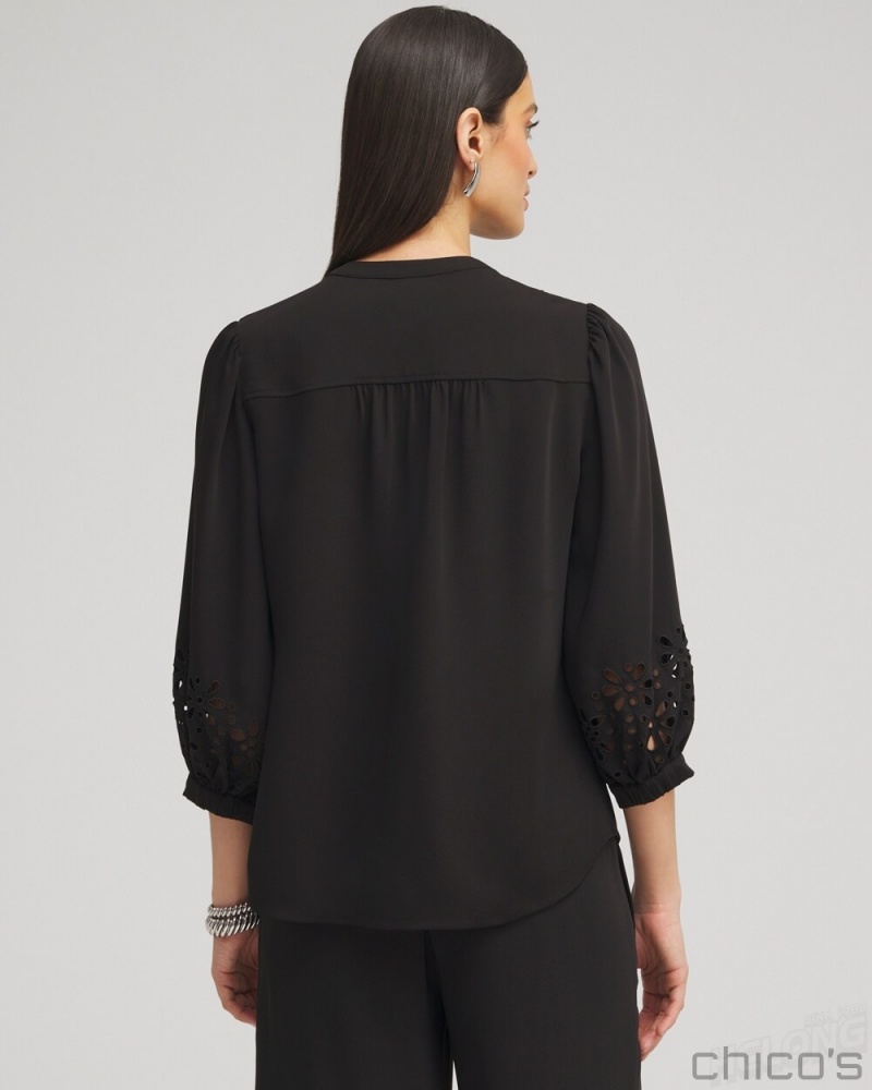 Chico's Satin Eyelet Top Blouses & Shirts Black | 420-VNLTSI