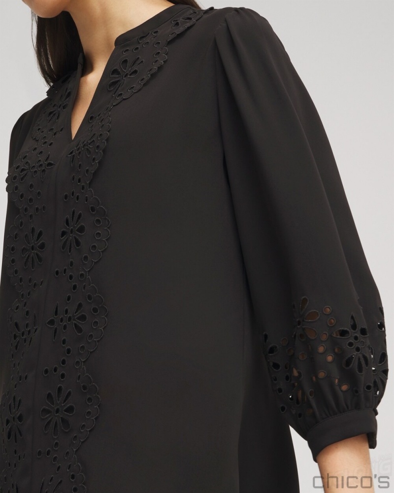 Chico's Satin Eyelet Top Blouses & Shirts Black | 420-VNLTSI