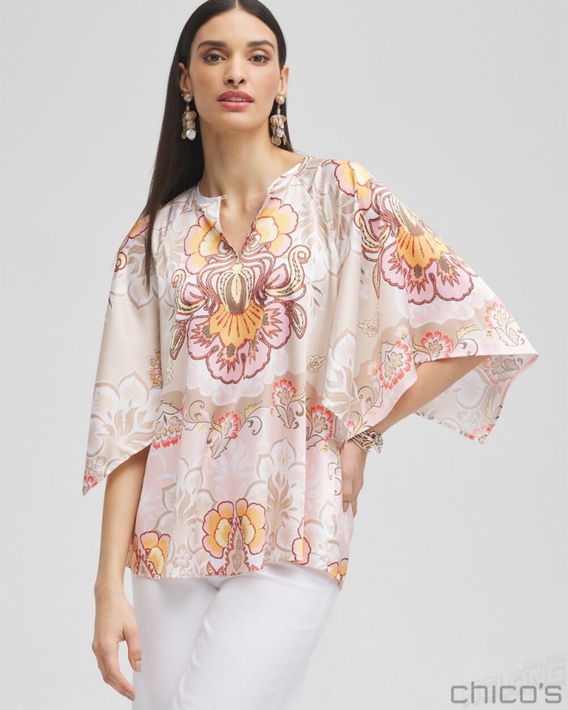 Chico's Satin Floral Keyhole Neck Blouse Blouses & Shirts Porcelain Rose | 974-LGRHPQ