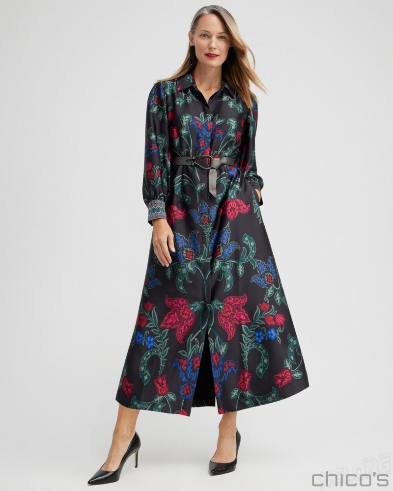 Chico's Satin Scroll Print Shirt Dress Dresses Black | 398-FOPVLI