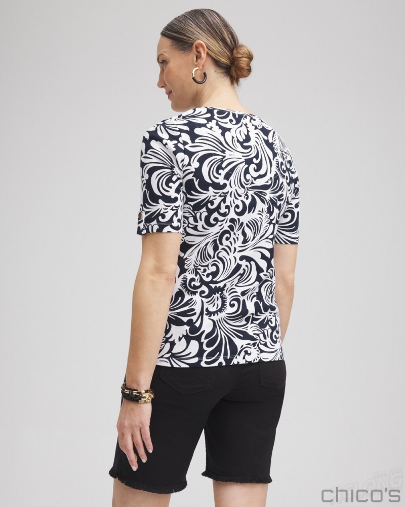 Chico's Scrolls Elbow Sleeve Cotton Tee Tees & Tanks Black | 198-VTAHUB