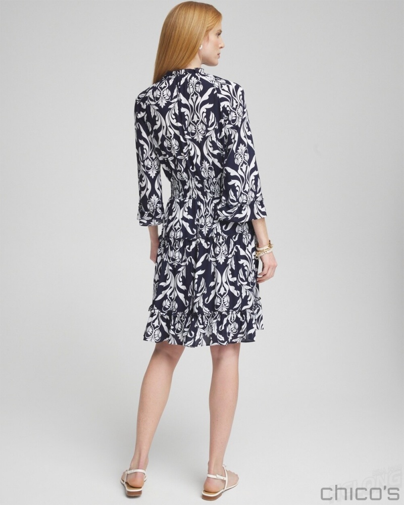 Chico's Scrolls Ruffle Bell Sleeve Dress Dresses Classic Navy | 325-VIYHXU