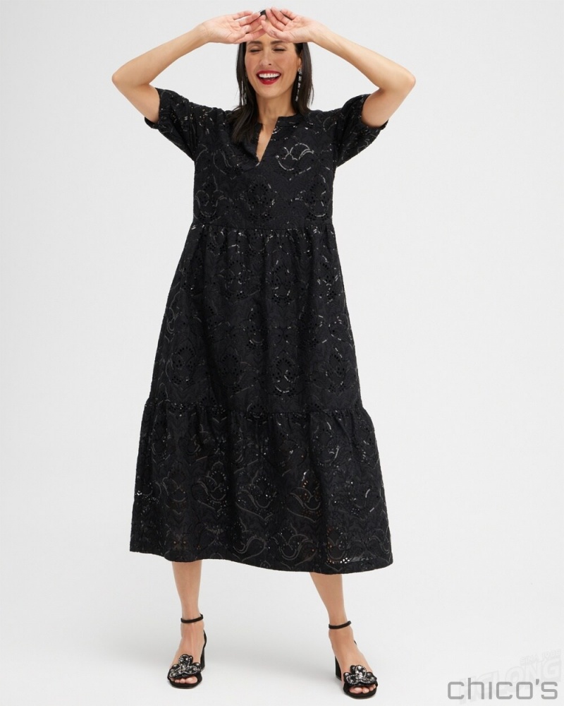 Chico's Sequin Eyelets Tiered Dress Dresses Black | 894-RPYDLA