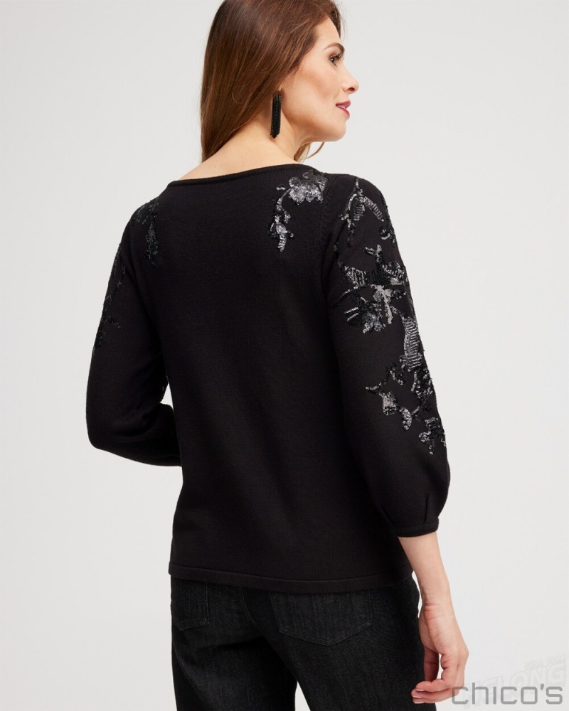 Chico's Sequin Floral Pullover Sweater Sweaters Black | 023-OWMQKY