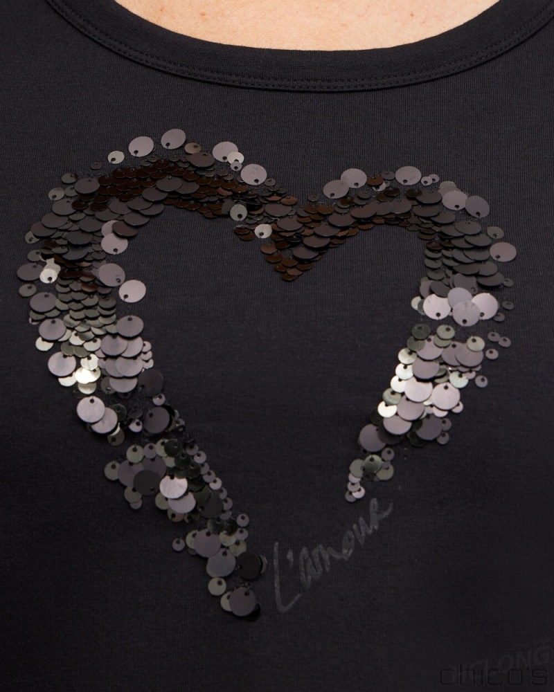 Chico's Sequins Heart Valentine's Tee Tees & Tanks Black | 413-FTEZSD