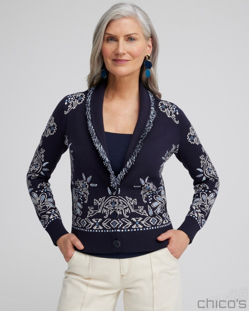 Chico's Shawl Neck Cropped Cardigan Sweaters Classic Navy | 297-YLOJRX