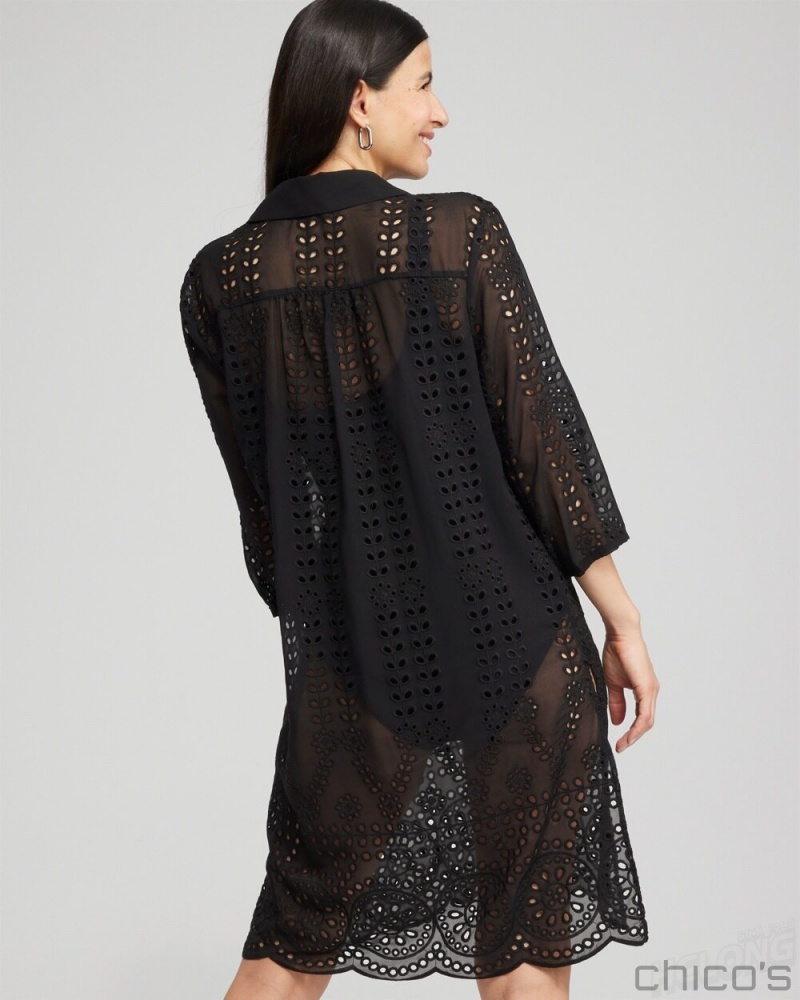 Chico's Shirt Dress Swim Coverup Swim Black | 562-MJAIPZ