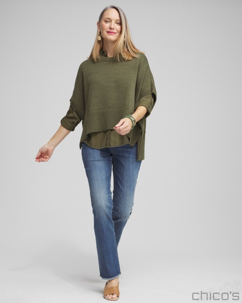 Chico's Short Sleeve Knit Poncho Ponchos & Ruanas Olive | 432-ECLGTZ