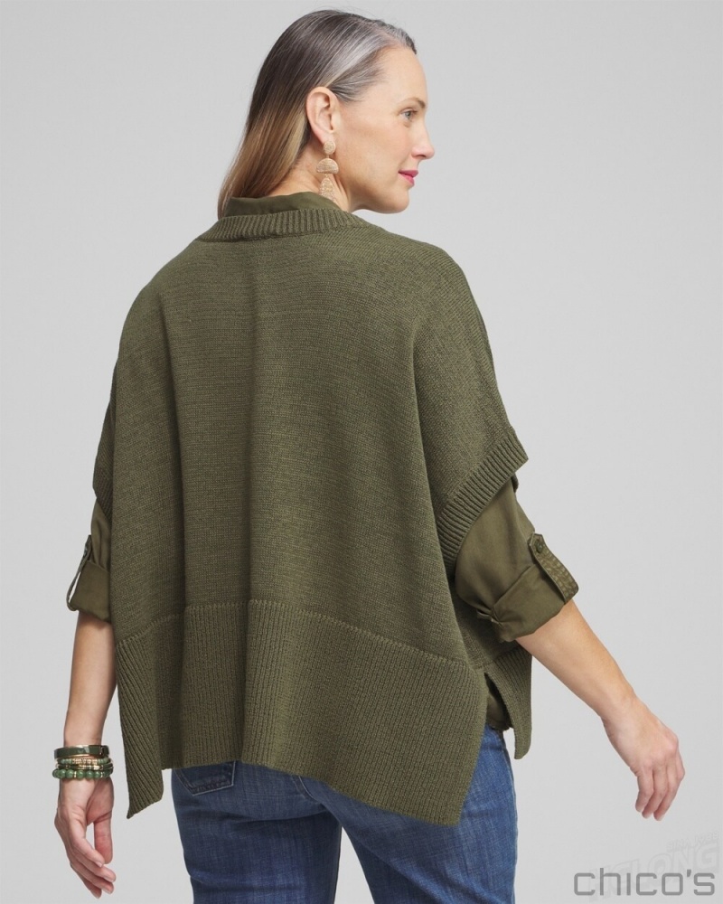 Chico's Short Sleeve Knit Poncho Ponchos & Ruanas Olive | 432-ECLGTZ