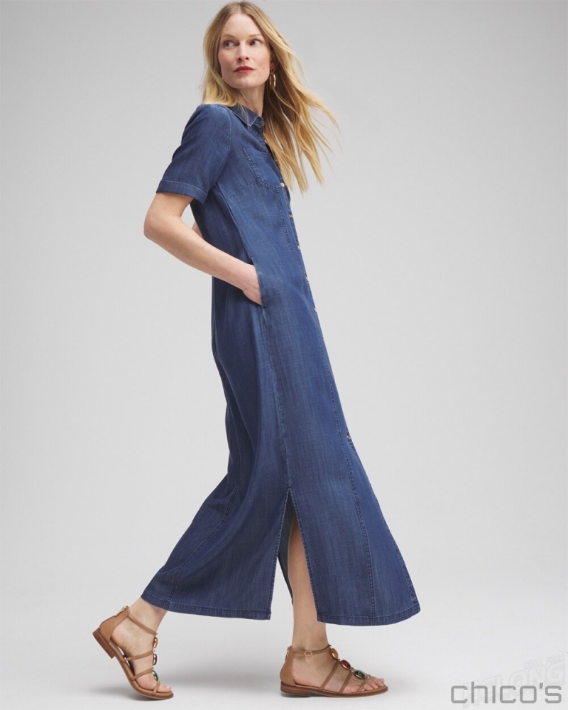 Chico's Short Sleeve Maxi Shirt Dress Dresses & Skirts Marina Bay Indigo | 235-JYEFBL