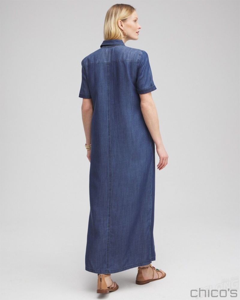 Chico's Short Sleeve Maxi Shirt Dress Dresses Marina Bay Indigo | 089-WBFXAZ