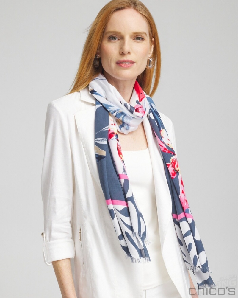 Chico's Silk Blend Floral Oblong Scarf Scarves Classic Navy | 695-LOERVH