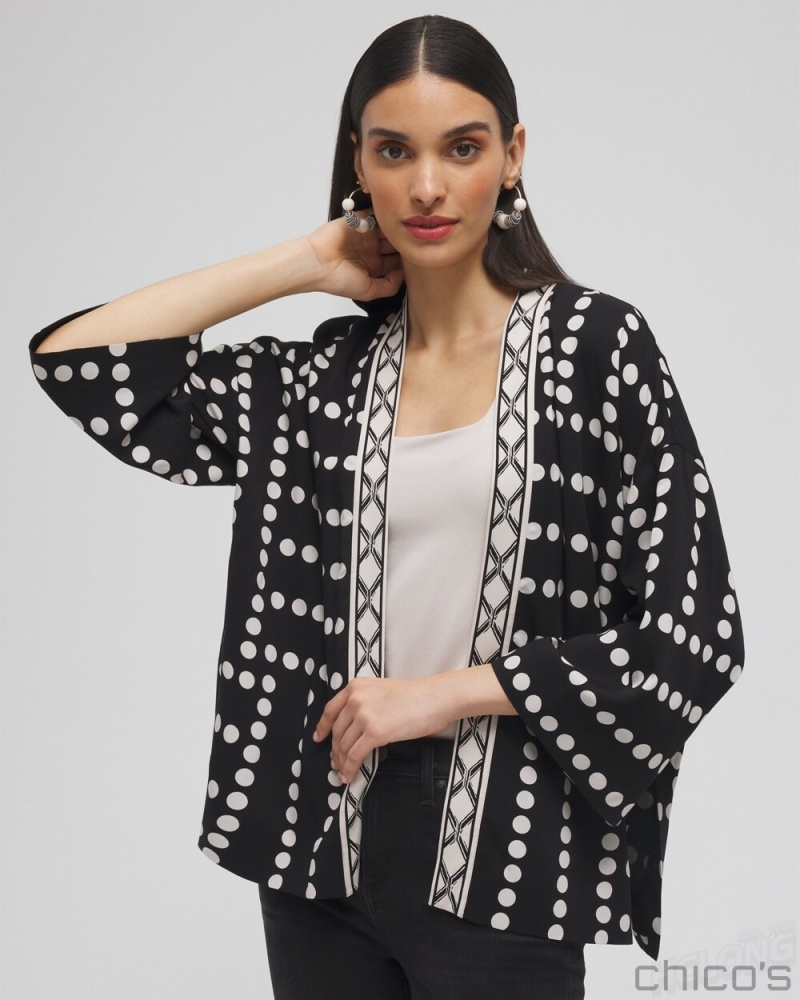 Chico\'s Silk Blend Mixed Print Kimono Ponchos & Ruanas Black | 674-ZLDAKX