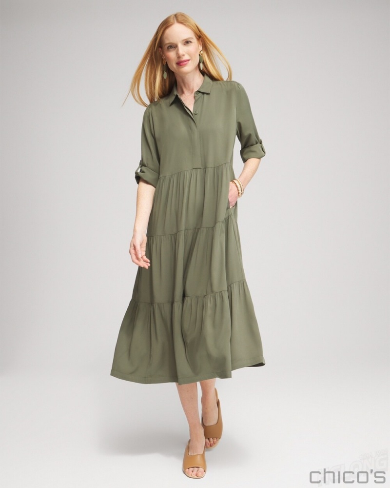 Chico's Silk Blend Tiered Midi Dress Dresses Olive | 273-BFKQOT