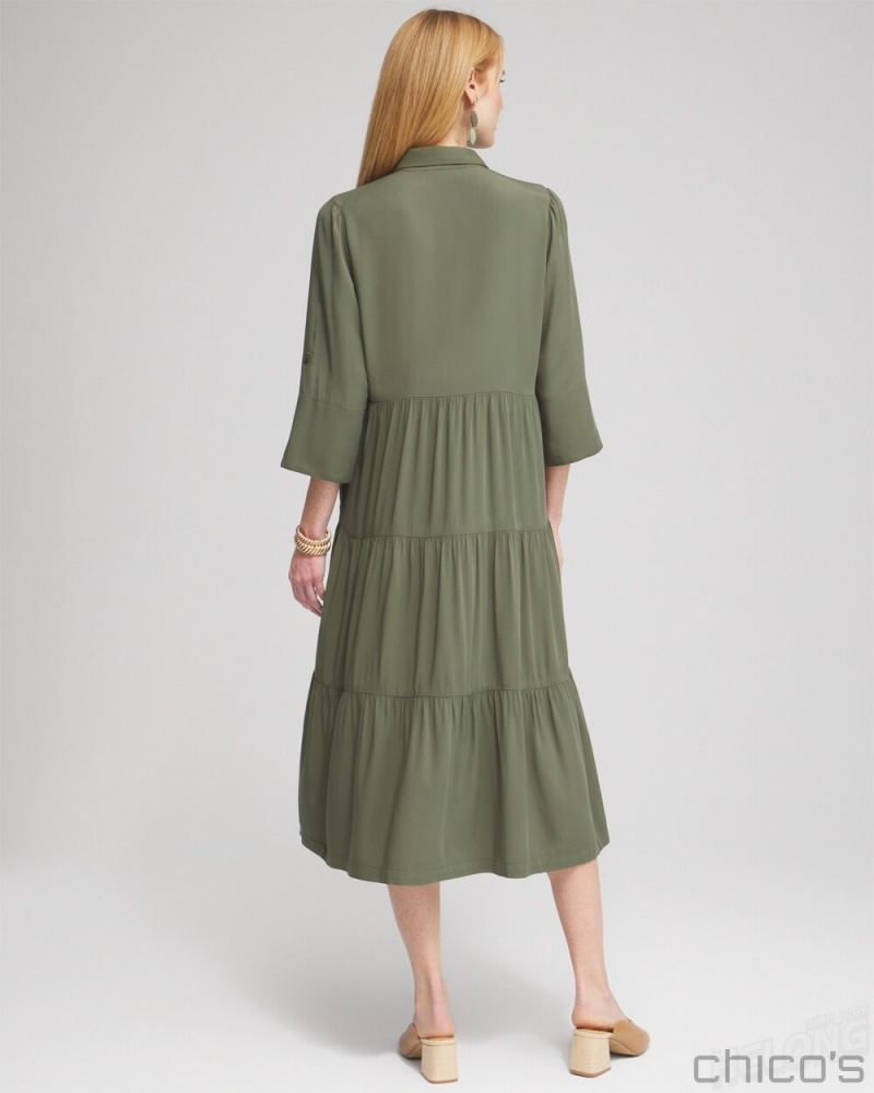 Chico's Silk Blend Tiered Midi Dress Dresses Olive | 273-BFKQOT