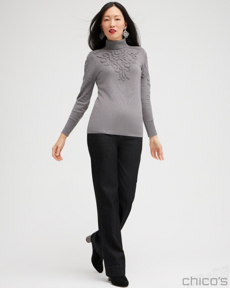 Chico's Silver Soutache Turtleneck Sweater Sweaters Gray | 058-XJHPGI