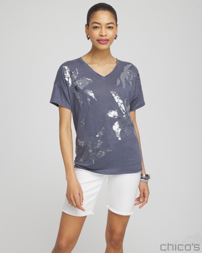 Chico's Slate Linen Sequin Tee Tees & Tanks Soft Slate | 518-TRWSBN