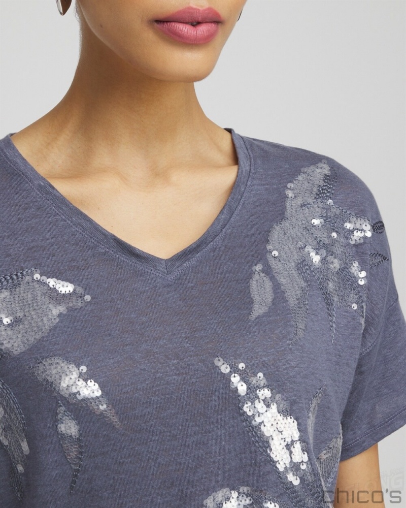 Chico's Slate Linen Sequin Tee Tees & Tanks Soft Slate | 518-TRWSBN