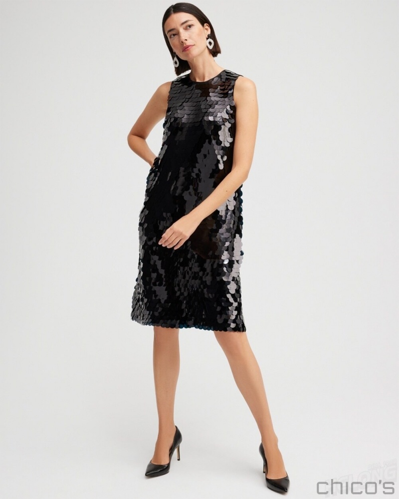 Chico's Sleeveless Sequin Dress Dresses Black | 972-DNQYIV