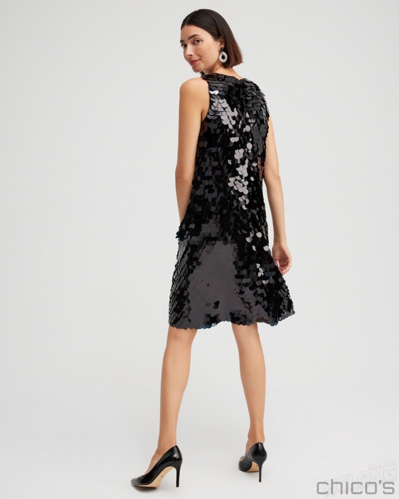 Chico's Sleeveless Sequin Dress Dresses Black | 972-DNQYIV