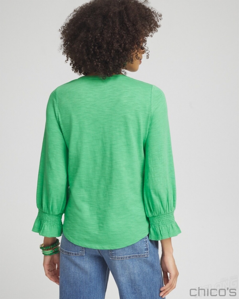 Chico's Smocked 3/4 Sleeve Tee Tees & Tanks GRASSY GREEN | 914-LATYCD